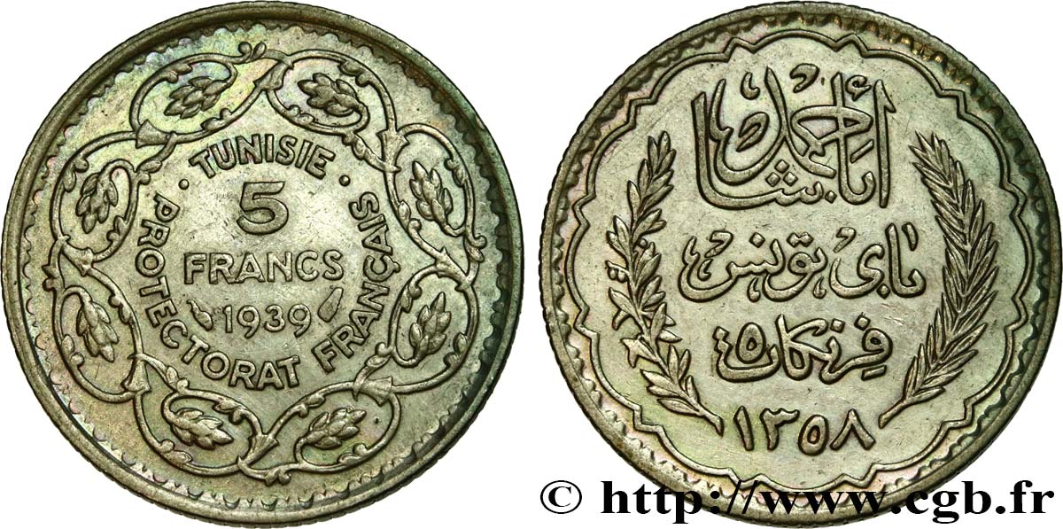 TUNISIE - PROTECTORAT FRANÇAIS 5 Francs AH 1358 1939 Paris SUP 