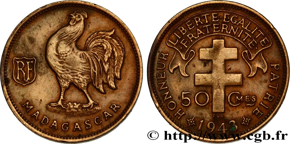 ÎLE DE MADAGASCAR - France Libre 50 Centimes 1943 Prétoria TTB 