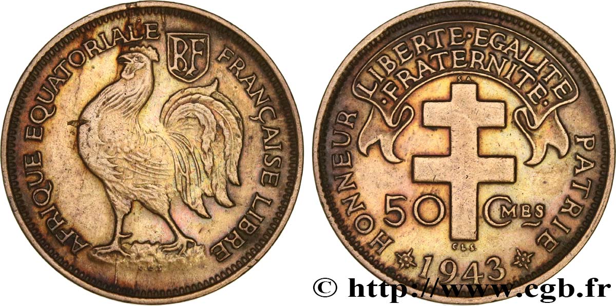 AFRICA EQUATORIALE FRANCESE - Forze Francesi Liberi 50 Centimes 1943 Prétoria BB 