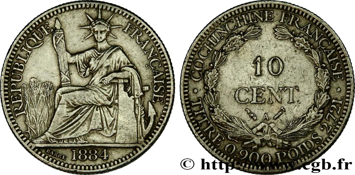 FRENCH COCHINCHINA 10 Centimes 1884 Paris VF 