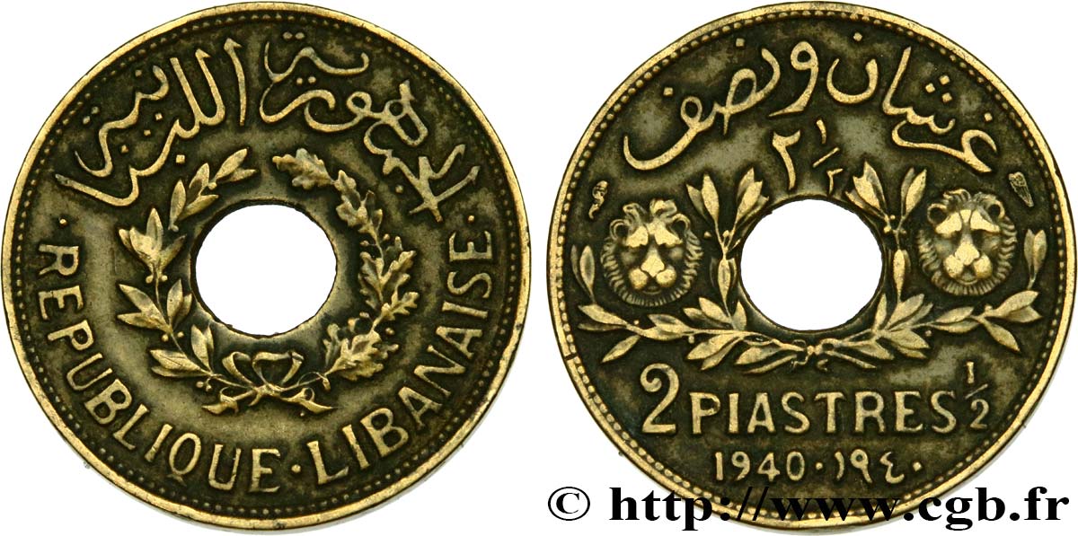LEBANON - III REPUBLIC 2 1/2 Piastres 1940 Paris AU 