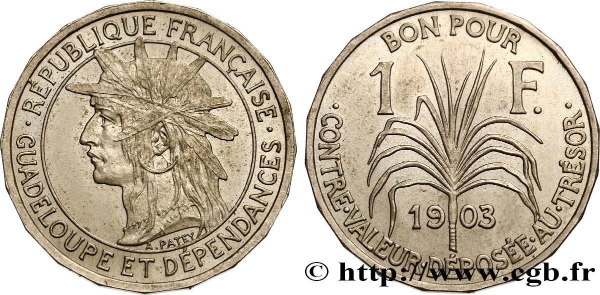 GUADALUPE Bon pour 1 Franc indien caraïbe 1903  SC 