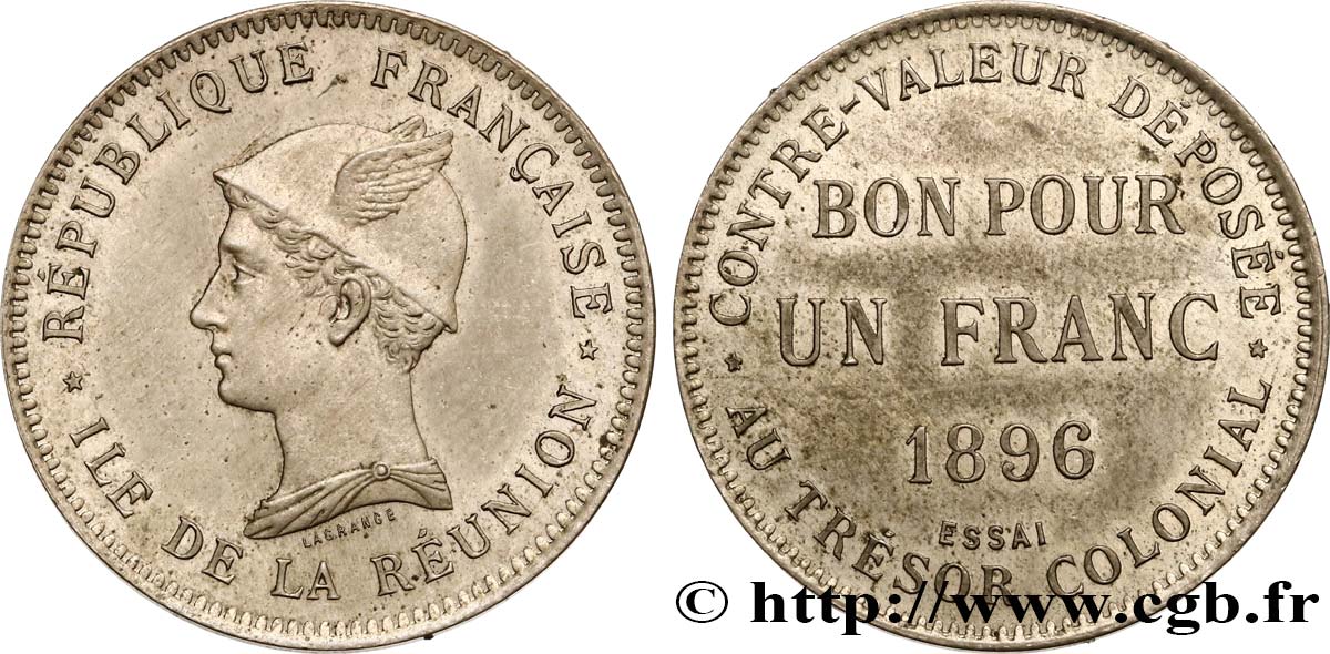 ISLA DE LA REUNIóN Essai de 1 Franc 1896 Paris SC 