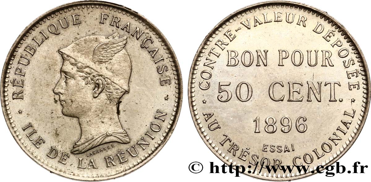 REUNION INSEL Essai de 50 Centimes 1896 Paris fST 