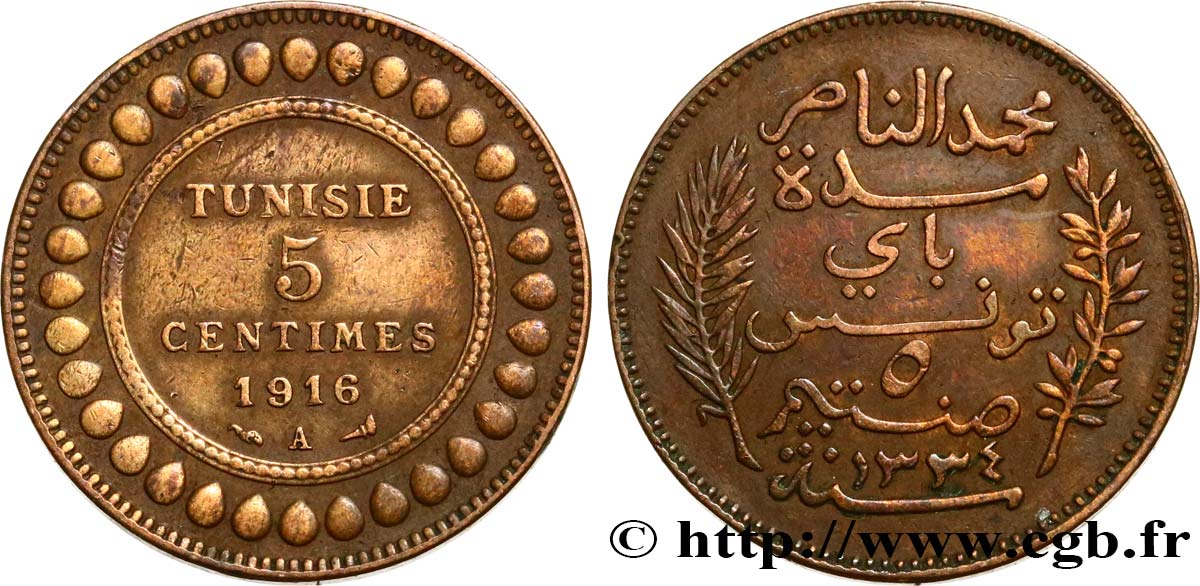 TUNEZ - Protectorado Frances 5 Centimes AH1334 1916 Paris MBC 