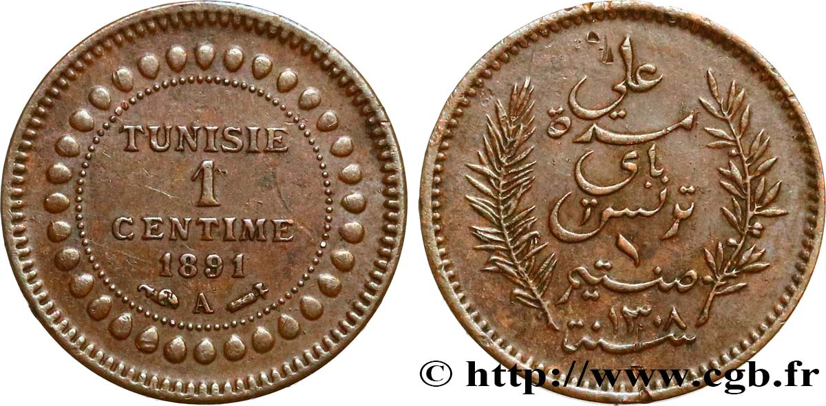 TUNISIA - French protectorate 1 Centime AH1308 1891 Paris AU 