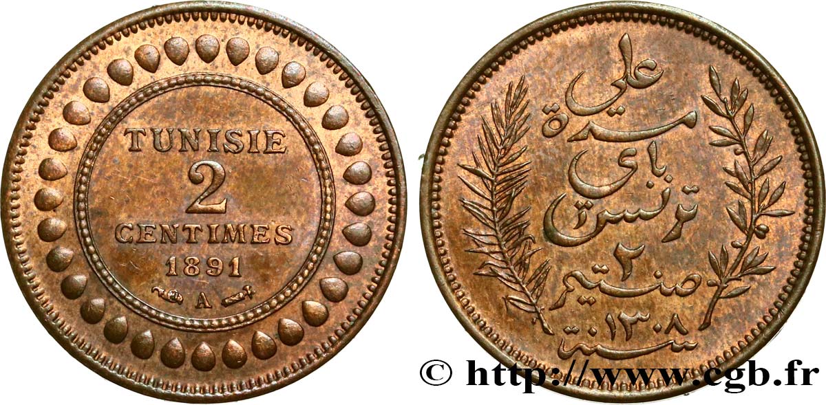 TUNISIA - Protettorato Francese 2 Centimes AH1308 1891  SPL 