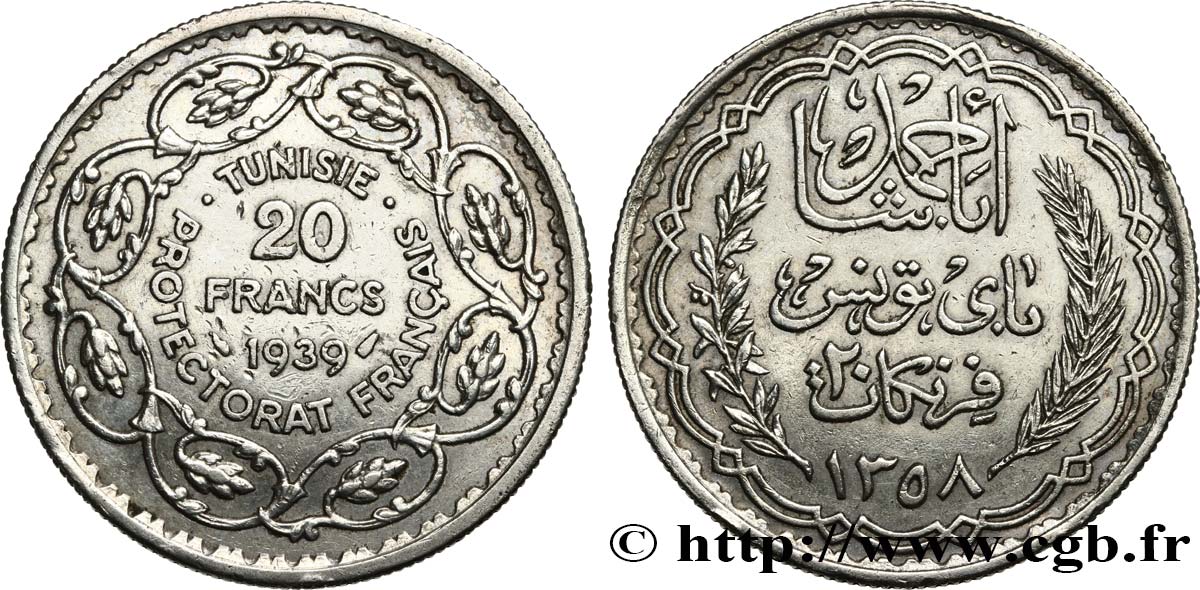 TUNISIE - PROTECTORAT FRANÇAIS 20 Francs au nom du  Bey Ahmed an 1358 1939 Paris TTB 