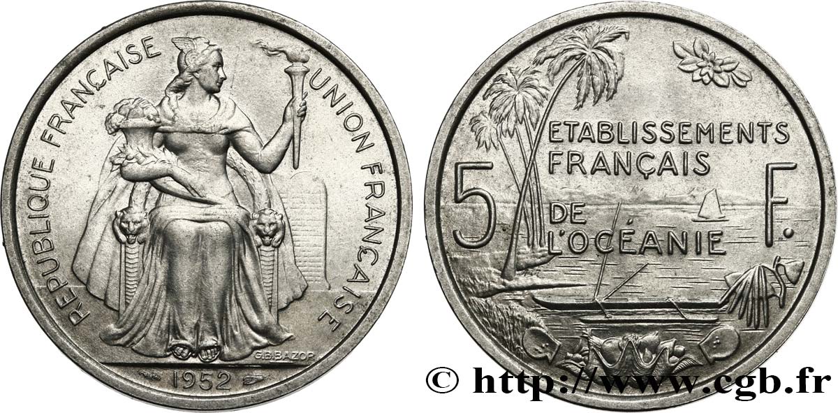 FRENCH POLYNESIA - French Oceania 5 Francs Établissements Français de l’Océanie 1952 Paris AU 