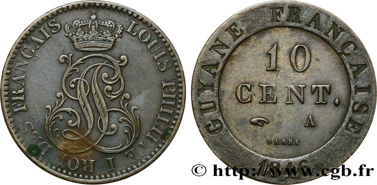 FRENCH GUIANA 10 Cent. (imes) monogramme de Louis-Philippe 1846 Paris XF 