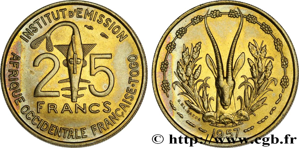 FRENCH WEST AFRICA - TOGO 25 Francs 1957 Paris AU 