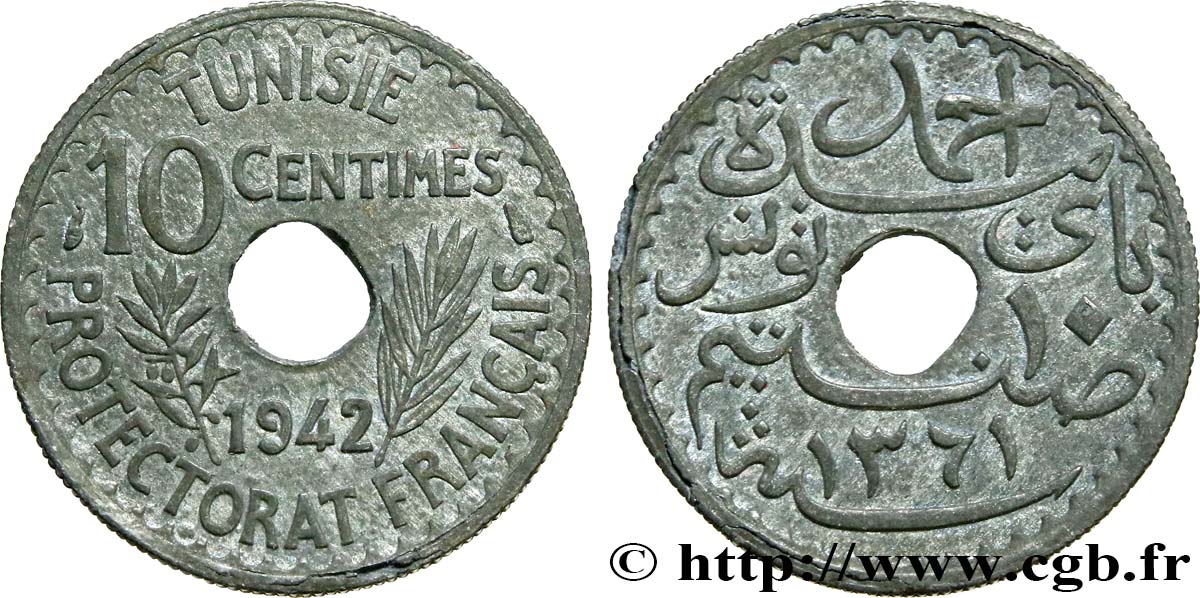 TUNISIA - French protectorate 10 Centimes AH 1361 1942 Paris AU 