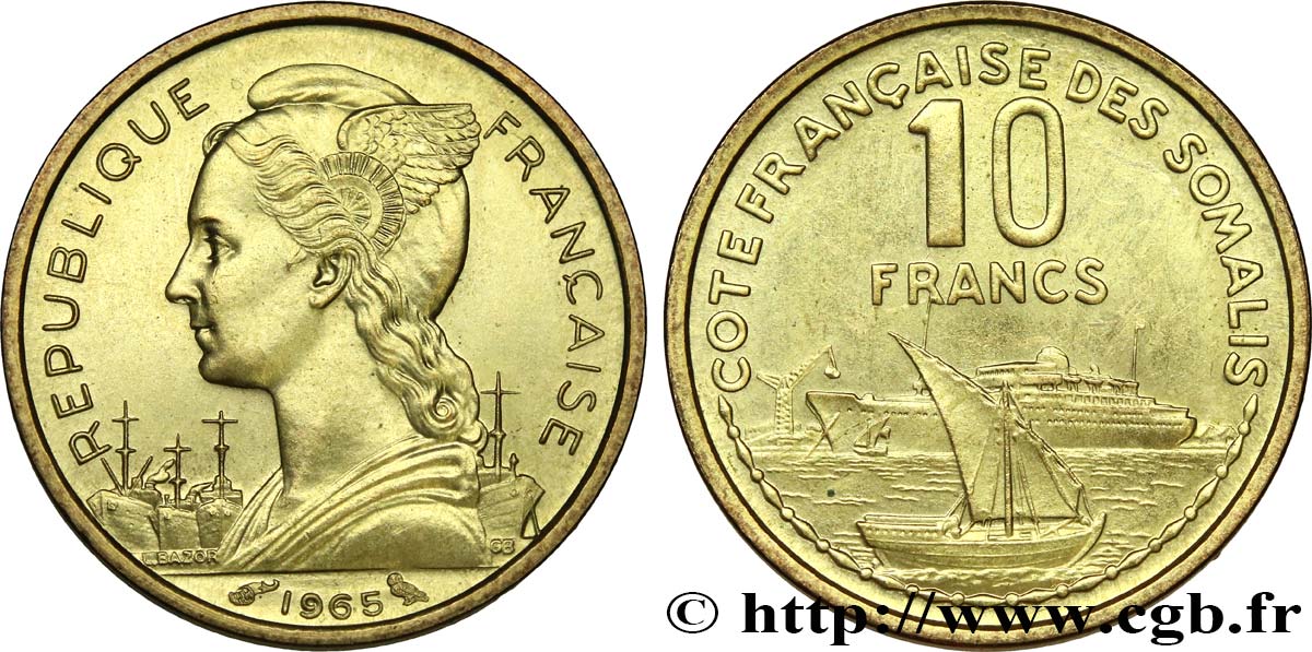 SOMALIA FRANCESE 10 Francs Marianne / port 1965 Paris SPL 