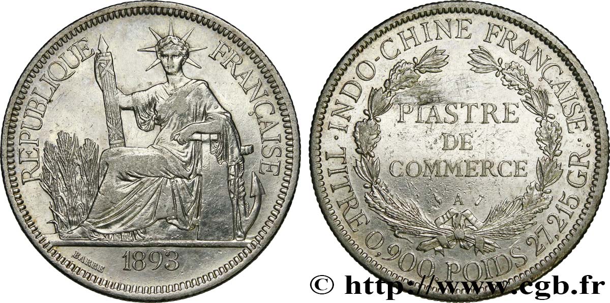 INDOCINA FRANCESE 1 Piastre de Commerce 1893 Paris q.BB 