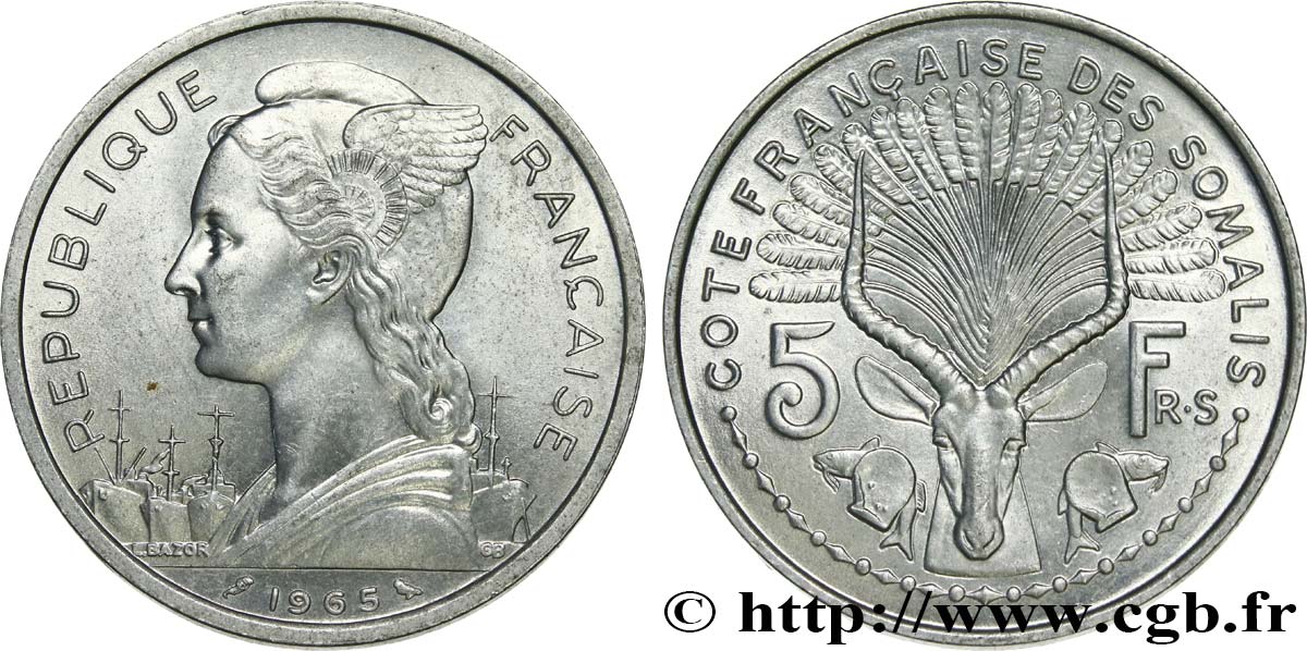 CÔTE FRANÇAISE DES SOMALIS 5 Francs 1965 Paris SUP 