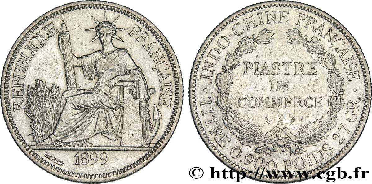 INDOCINA FRANCESE 1 Piastre de Commerce 1899 Paris q.BB/BB 