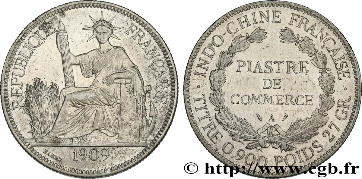 FRENCH INDOCHINA 1 Piastre de Commerce 1909 Paris AU 