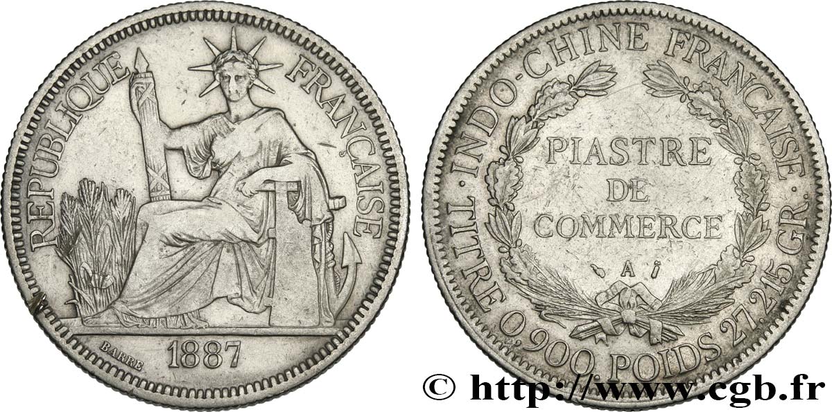 INDOCINA FRANCESE 1 Piastre de Commerce 1887 Paris q.BB/BB 