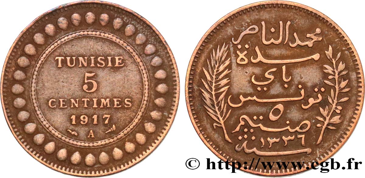 TUNISIA - French protectorate 5 Centimes AH1336 1917 Paris XF 