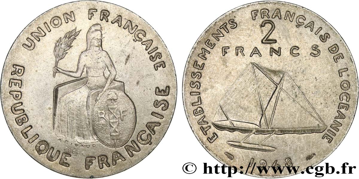 POLINESIA FRANCESE - Oceania Francese Essai de 2 Francs type sans listel 1948 Paris MS 