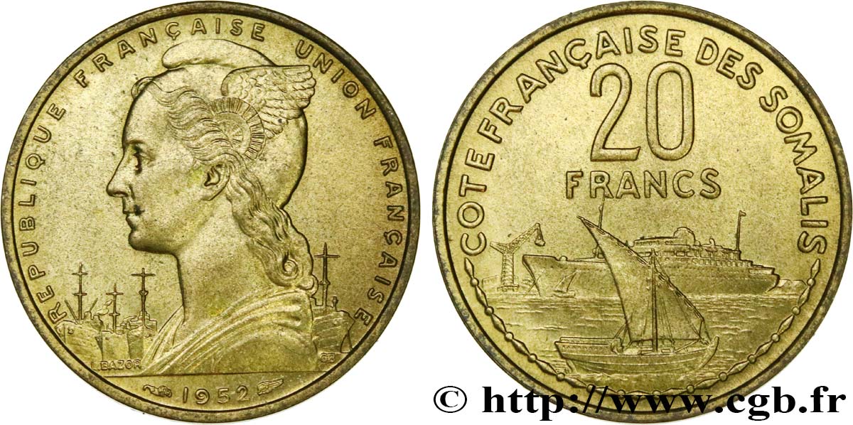 FRANZÖSISCHE SOMALILAND 20 Francs 1952 Paris fST 