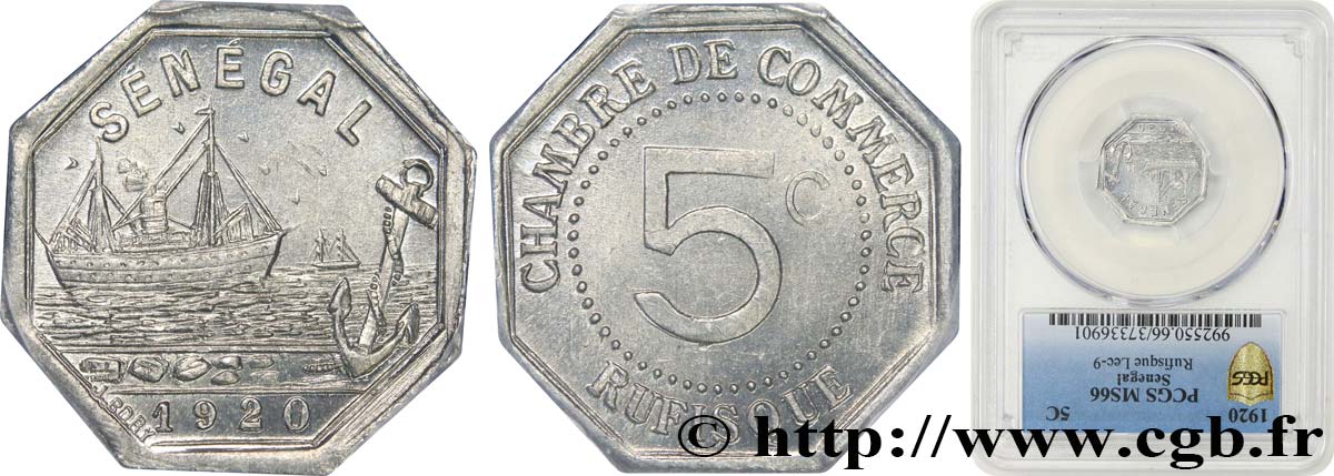 FRENCH AFRICA - SENEGAL 5 Centimes Chambre de Commerce Rufisque 1920  MS66 PCGS
