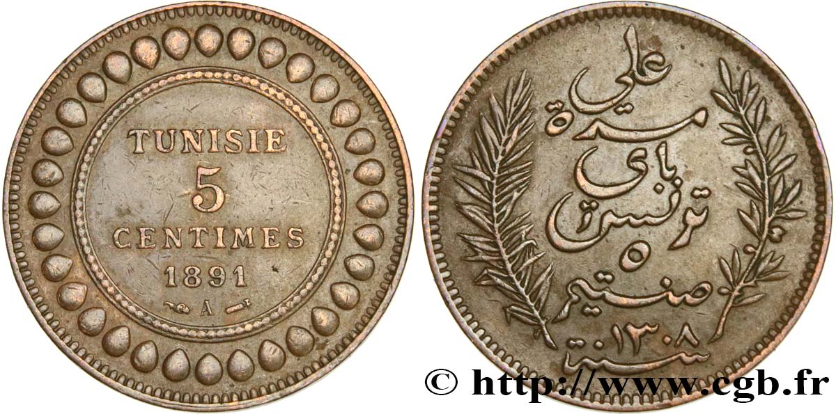 TUNISIA - Protettorato Francese 5 Centimes AH 1309 1891 Paris BB 
