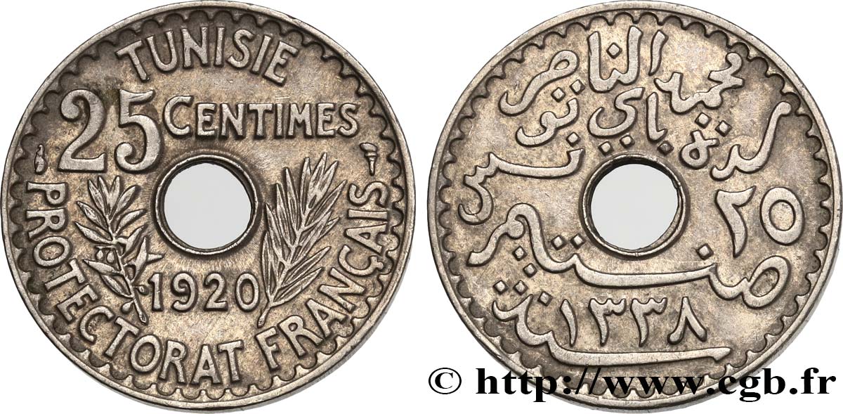 TUNISIA - French protectorate 25 Centimes AH1338 1920 Paris AU 