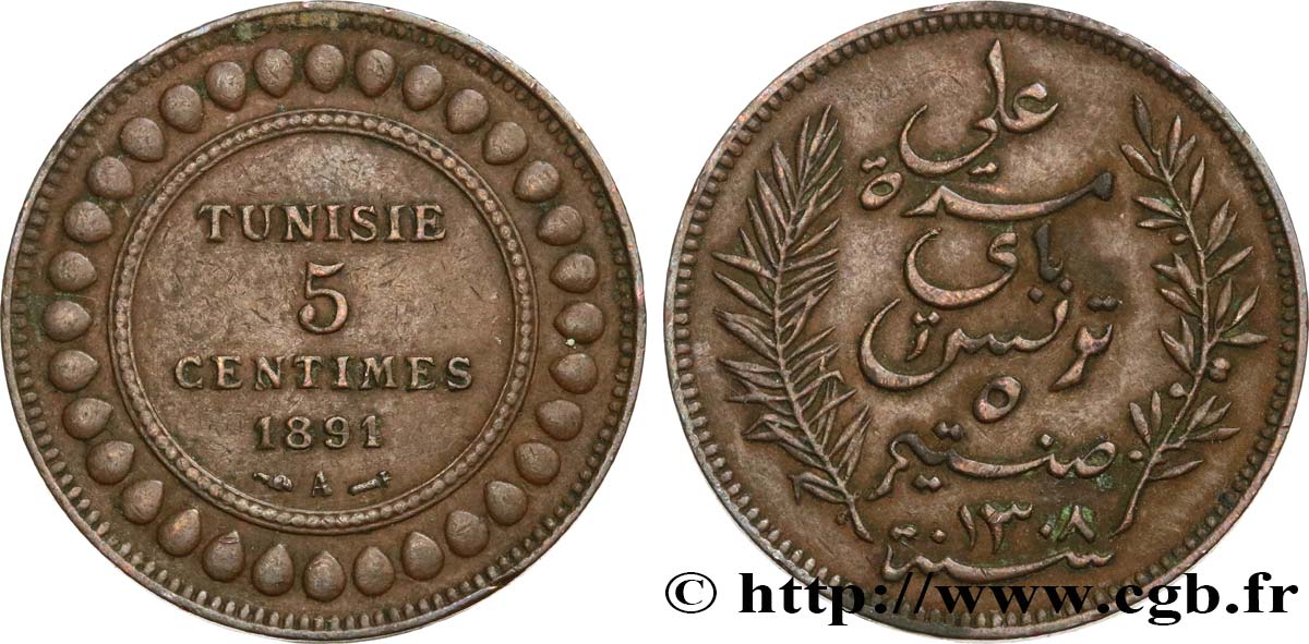 TUNISIE - PROTECTORAT FRANÇAIS 5 Centimes AH 1309 1891 Paris TTB 