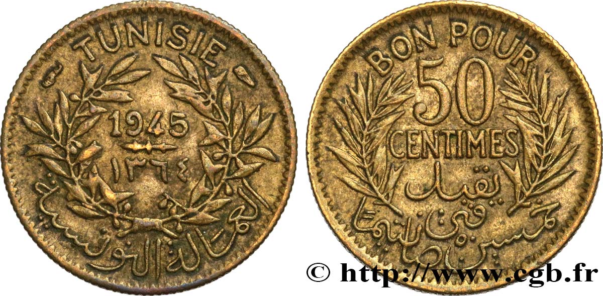 TUNESIEN - Französische Protektorate  50 Centimes AH 1364 1945 Paris SS 