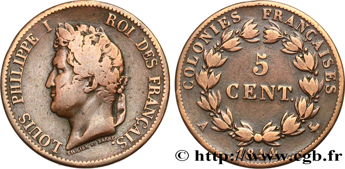 COLONIAS FRANCESAS - Louis-Philippe, para las Islas Marquesas 5 Centimes Louis Philippe Ier 1844 Paris - A BC+ 