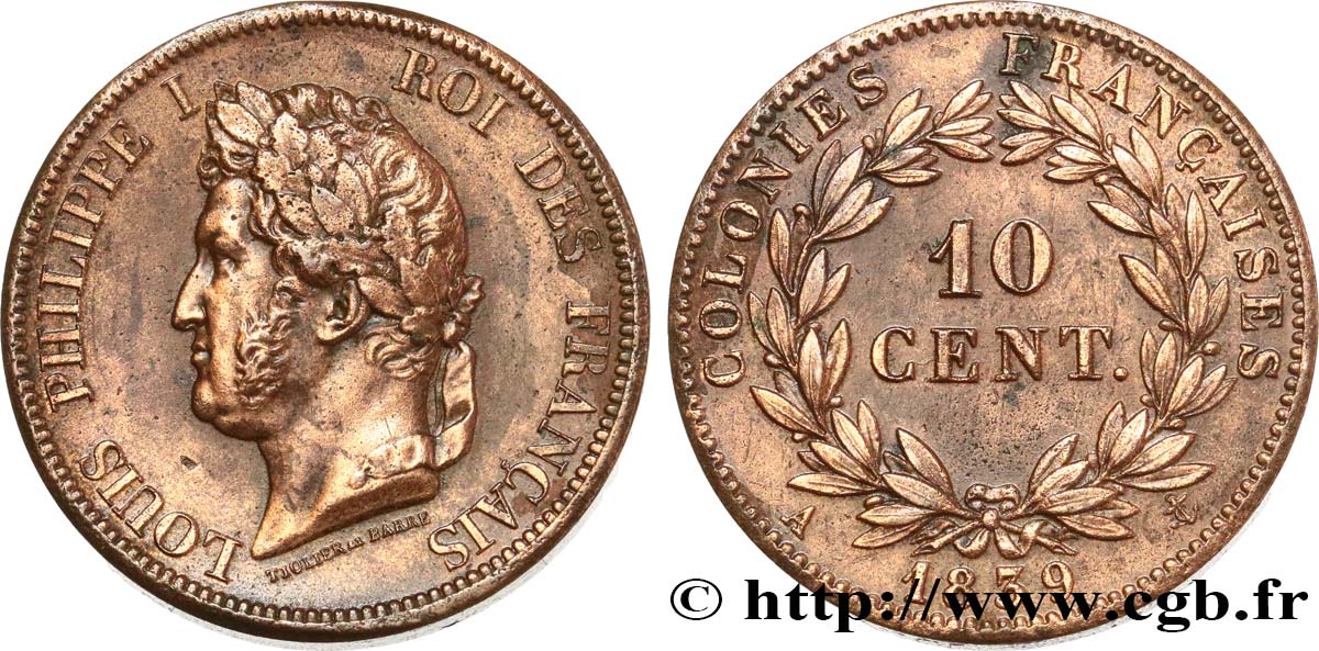 COLONIE FRANCESI - Luigi Filippo, per Guadalupa 10 Centimes Louis Philippe Ier 1839 Paris - A q.SPL 