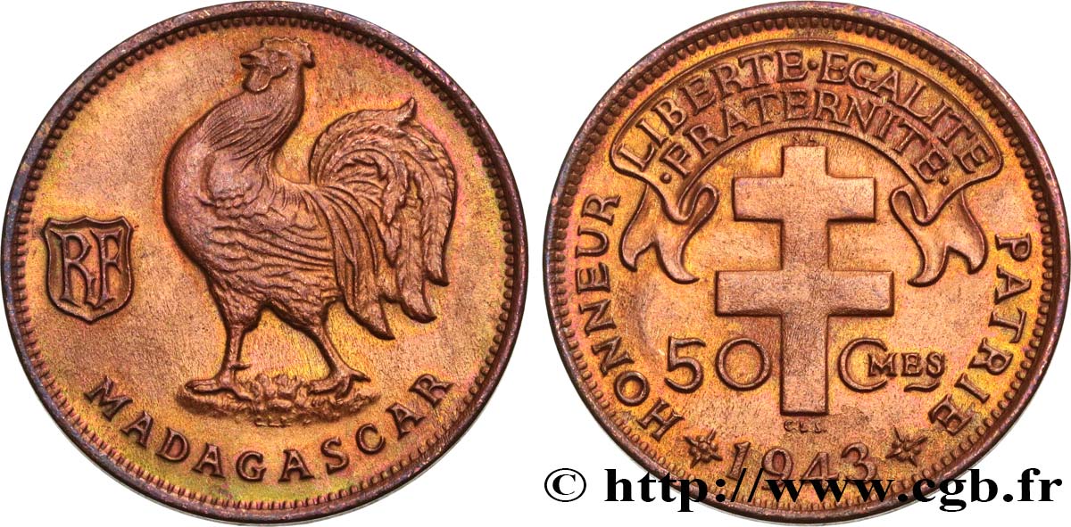 MADAGASCAR - Forze Francesi Libere 50 Centimes 1943 Prétoria SPL 