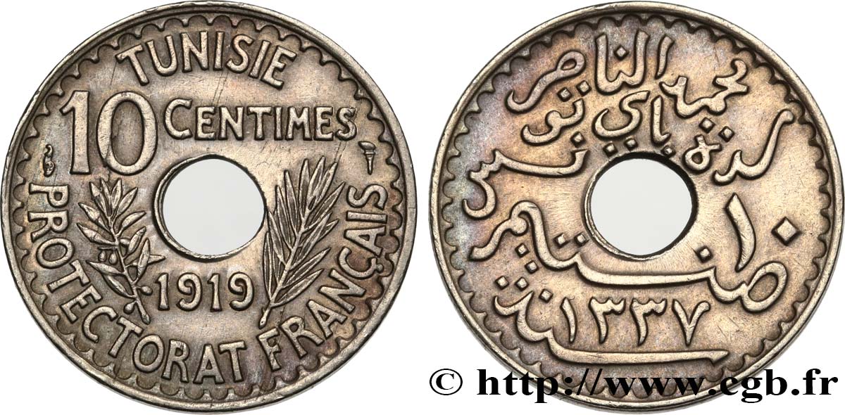 TUNEZ - Protectorado Frances 10 Centimes AH 1337 1919 Paris MBC+ 
