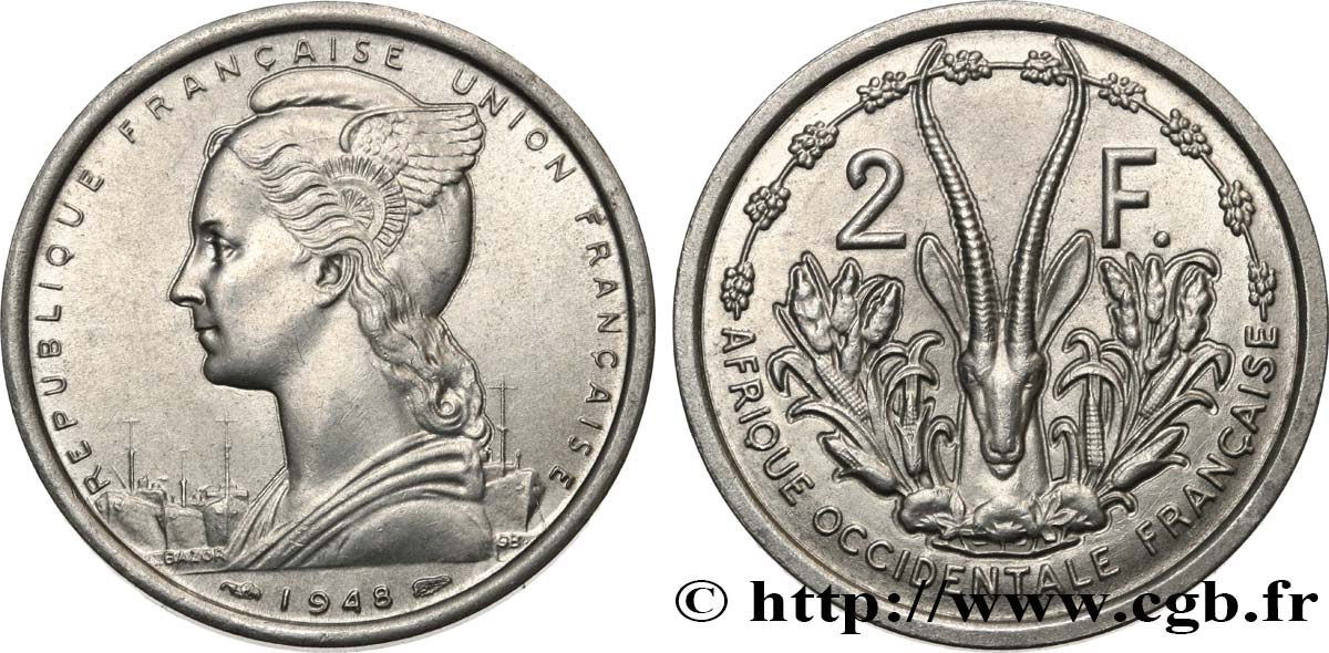 AFRICA OCCIDENTALE FRANCESE - UNION FRANCESA 2 Francs 1948 Paris MS 