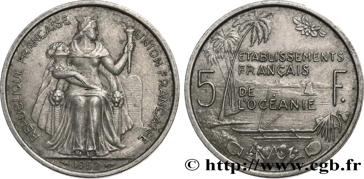 FRENCH POLYNESIA - French Oceania 5 Francs Établissements Français de l’Océanie 1952 Paris XF 