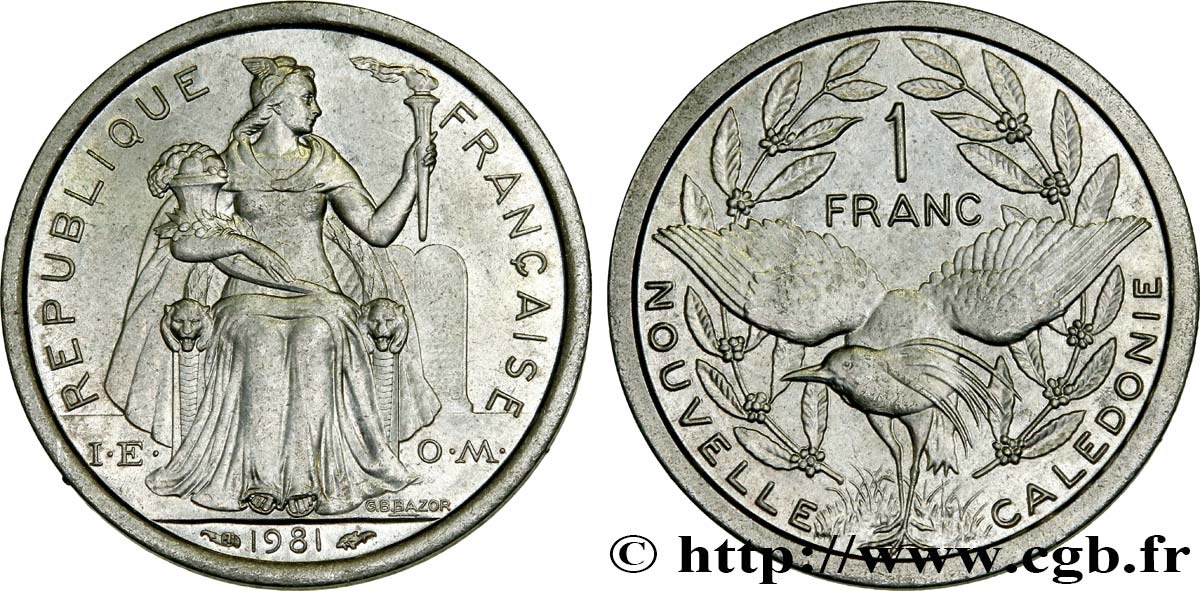 NUEVA CALEDONIA 1 Franc I.E.O.M. représentation allégorique de Minerve / Kagu, oiseau de Nouvelle-Calédonie 1981 Paris SC 