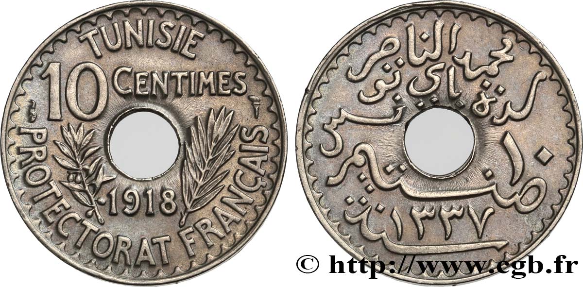 TUNISIA - Protettorato Francese 10 Centimes AH 1337 1918 Paris SPL 