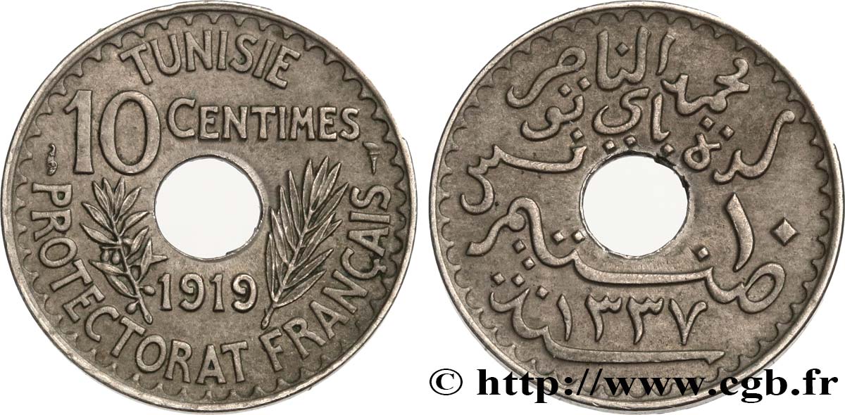 TUNISIA - Protettorato Francese 10 Centimes AH 1337 1919 Paris SPL 