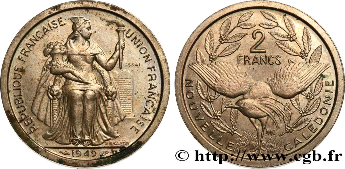 NUOVA CALEDONIA Essai de 2 Francs 1949 Paris SPL 
