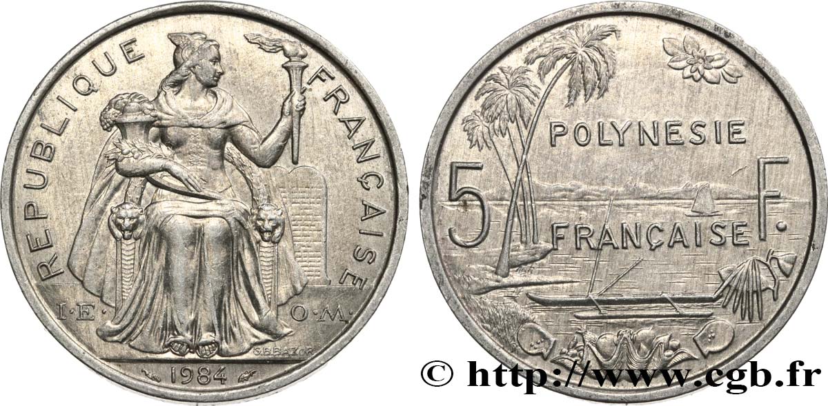 POLYNÉSIE FRANÇAISE 5 Francs I.E.O.M. Polynésie Française 1984 Paris SUP 
