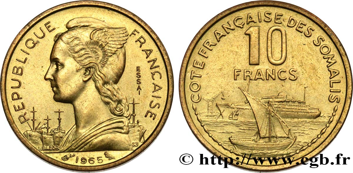 FRANZÖSISCHE SOMALILAND Essai de 10 Francs Marianne / port 1965 Paris fST 