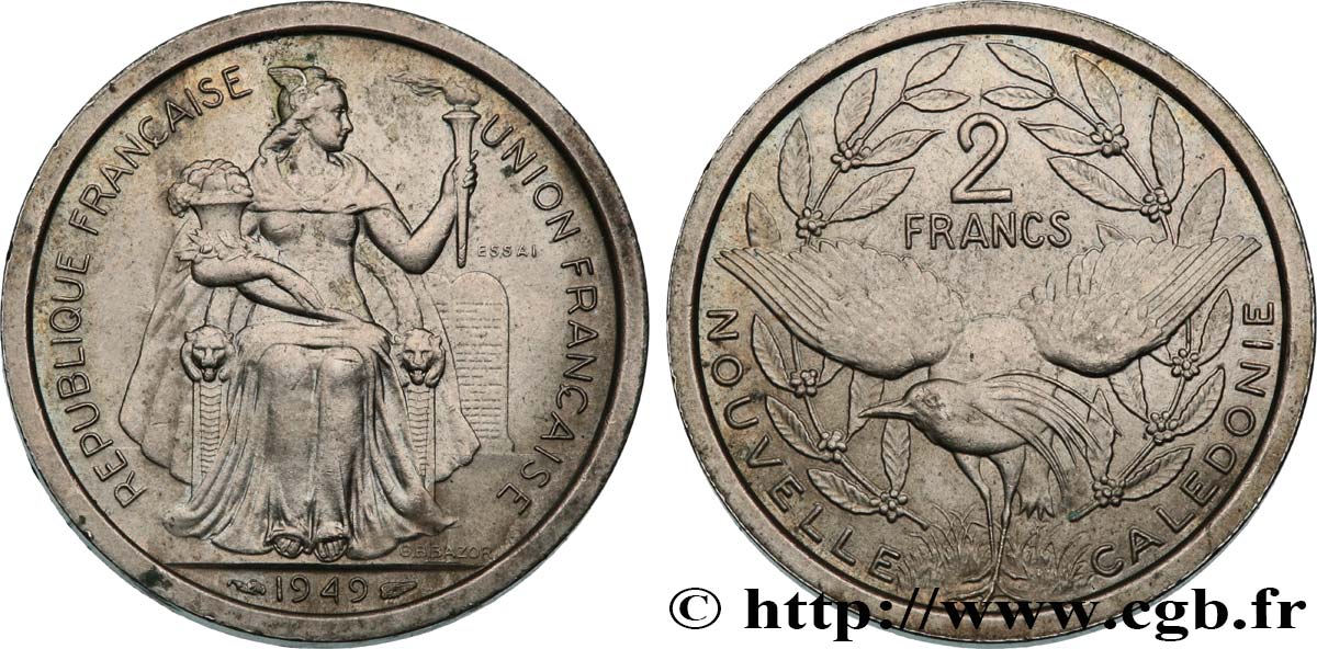 NUOVA CALEDONIA Essai de 2 Francs 1949 Paris SPL 