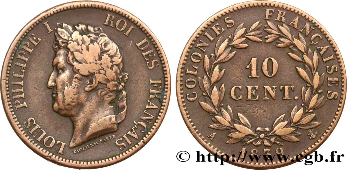 COLONIE FRANCESI - Luigi Filippo, per Guadalupa 10 Centimes Louis-Philippe 1839 Paris q.BB 