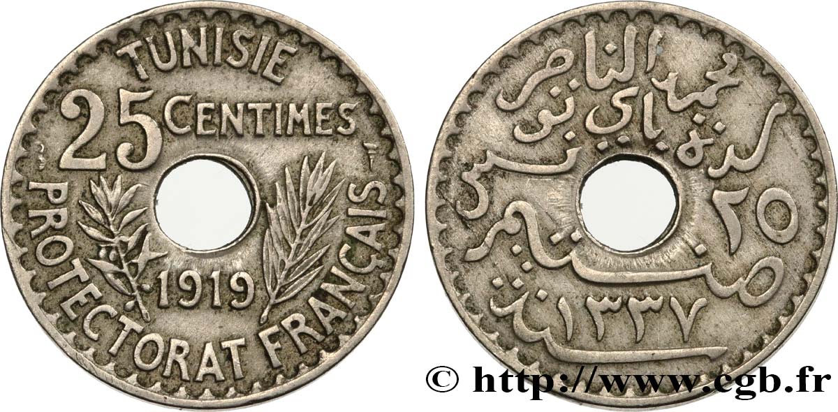 TUNISIE - PROTECTORAT FRANÇAIS 25 Centimes AH1337 1919 Paris TTB 