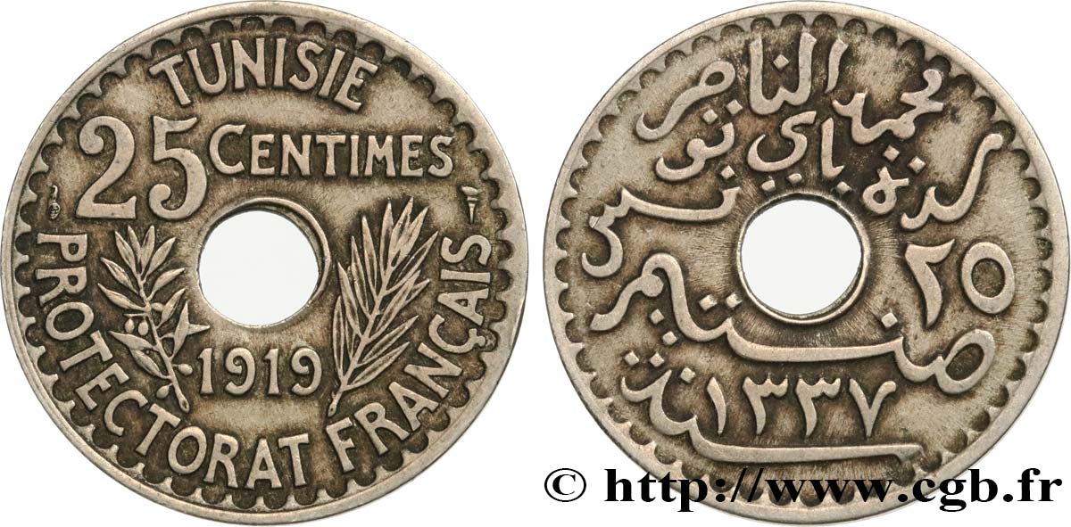 TUNISIE - PROTECTORAT FRANÇAIS 25 Centimes AH1337 1919 Paris TTB 