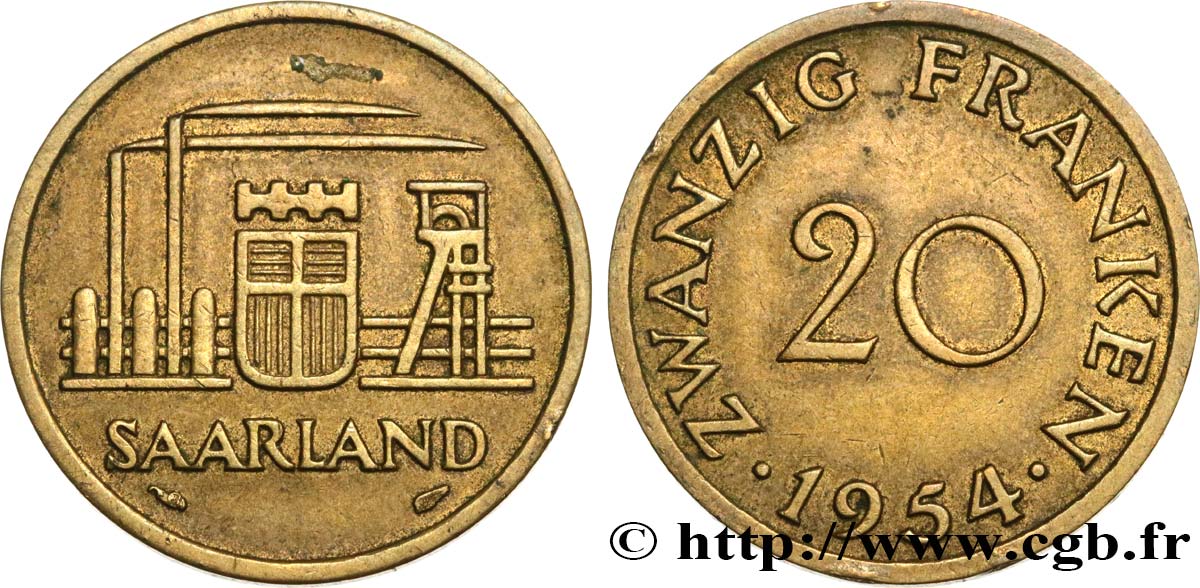 SAARLAND 20 Franken 1954 Paris SPL 