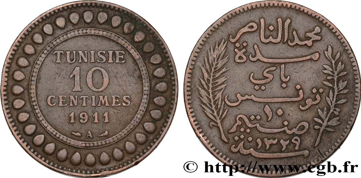 TUNISIA - French protectorate 10 Centimes AH1329 1911 Paris VF 
