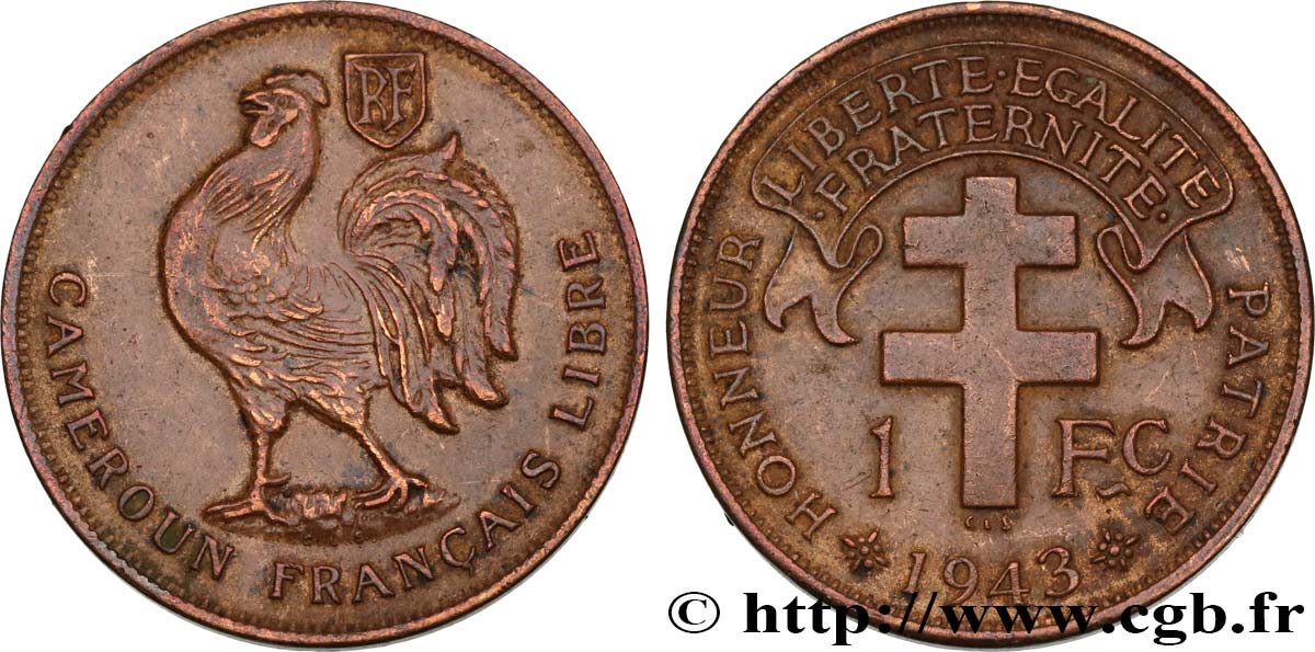 CAMEROUN - TERRITOIRES SOUS MANDAT FRANÇAIS 1 Franc ‘Cameroun Français Libre’ 1943 Prétoria TTB 