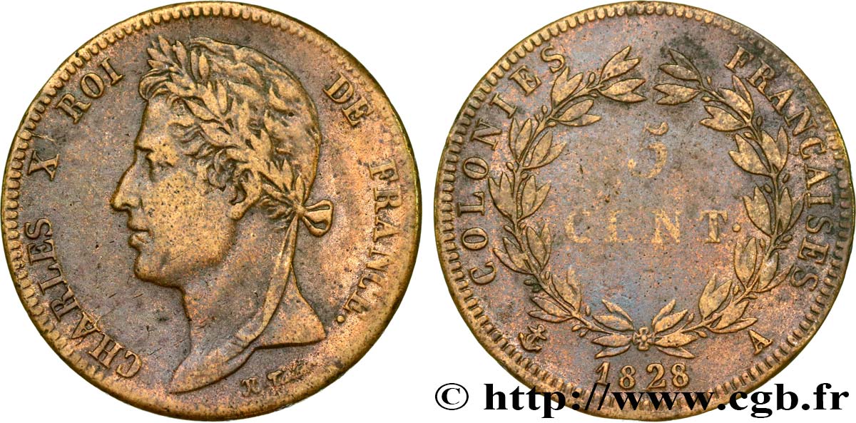COLONIAS FRANCESAS - Charles X, para Guayana 5 Centimes Charles X 1828 Paris - A BC+ 